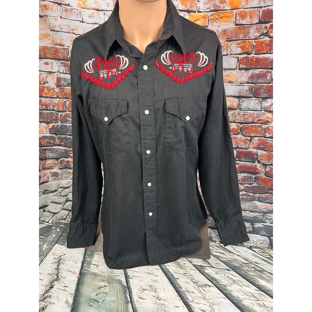 Vtg 90s Cowboy Joe Atlantic Westerner Black Pearl Snap Shirt Embroidered Wagon L